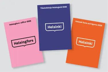 Kuvassa on kolme Tilastotietoa Helsingistä julkaisun suomen-, ruotsin- ja englanninkieliset kannet.